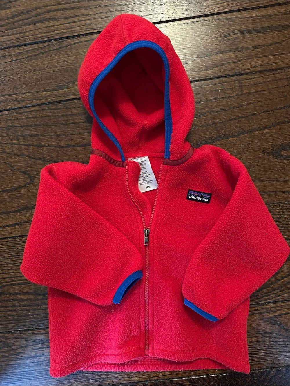 Patagonia 18M Red Fleece Hoodie with Blue Accents